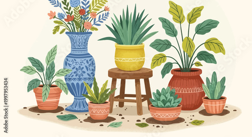 A colorful illustration depicting various potted plants and flowers arranged indoors with decorative vases