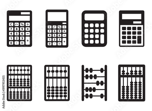 Calculator and abacus vector illustration, counting tools icons on transparent background.