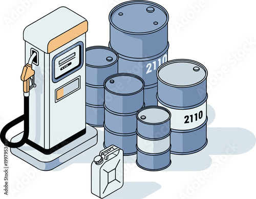 Gas pump and oil barrels in industrial setting with gray metallic color in bright lighting for business infrastructure
