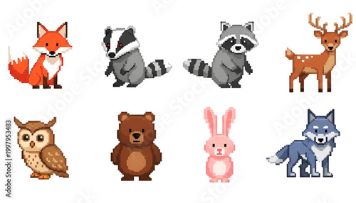 Pixel Art Wildlife Forest Animal Collection Including Fox Bear Owl and Deer