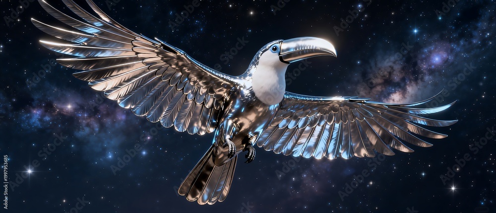 Fototapeta premium Mechanical Toucan in Flight Against Cosmic Background