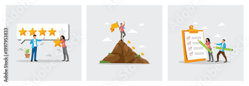 Five-Star Rating And Customer Feedback. Climber On Mountain Peak. People and Checklist Clipboard.