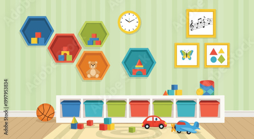 A cheerfully decorated playroom features colorful shapes toys and storage units against a striped wall