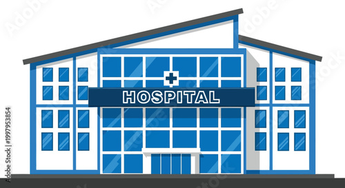 A brightly colored simplified illustration depicts the facade of a modern hospital building with a clear sign