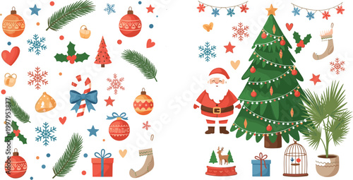Colorful Christmas Holiday Sticker Set with Santa Claus Christmas Tree Snowflake Ornament Gift Candy Cane Flat Style Vector Illustration for Festive Decoration Design