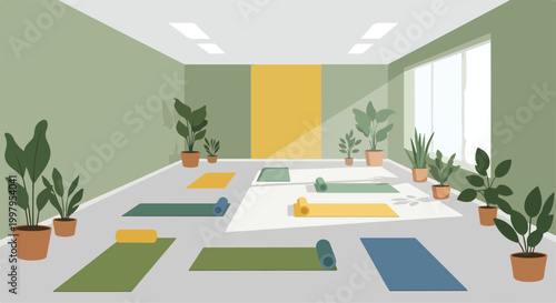 A serene yoga room with plants