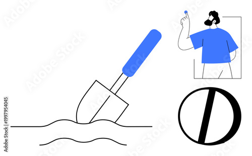 Progress, innovation, discovery, focus, creativity, and minimalism. A shovel breaking ground, a person holding a blue object and a black and white circular design. Progress and innovation concept