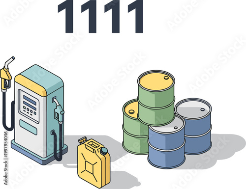 Gas pump and oil barrels in industrial colorful illustration for energy and fuel industry