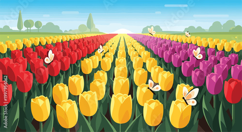A vibrant field of tulips under a sunny blue sky