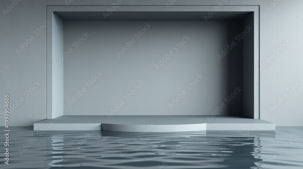 Obraz premium Minimalist scene. Gray structure partially submerged. Water reflects light, creating calm atmosphere. Empty space invites contemplation.