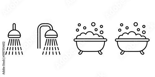 Black and white line bathroom shower heads and bathtubs with bubbles in white background