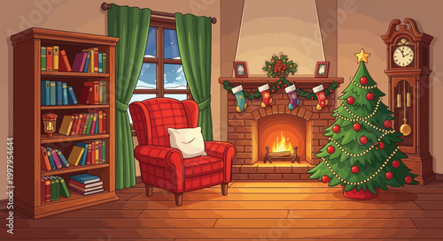 A cozy living room scene depicts a decorated christmas tree and fireplace evoking holiday warmth