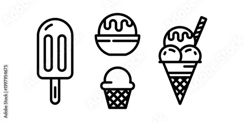 Black and white line of ice cream popsicle sundae ice cream cone cupcake in white background