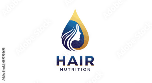 A golden droplet shape containing a woman s profile promoting hair nutrition and wellness