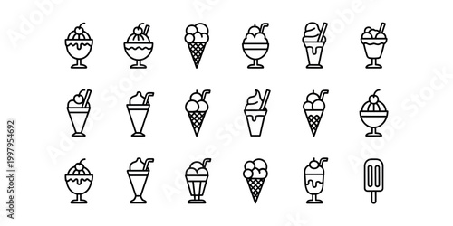 Black and white line of various ice cream desserts line black and white frozen treat sundae in white background