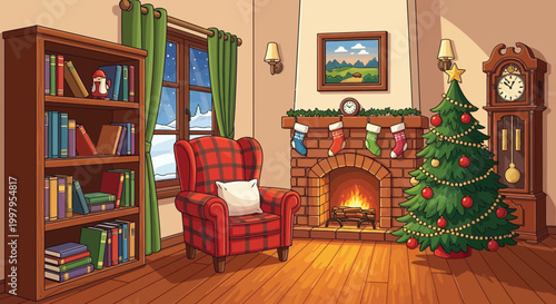 A cozy living room scene depicts a decorated christmas tree fireplace and comfortable armchair