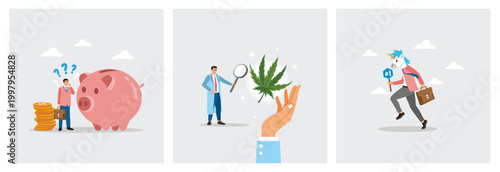 Businessman with Giant Piggybank. Medical Researcher Examines Marijuana. Wearing a Unicorn Mask.