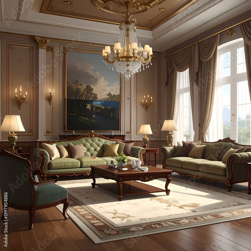 A luxurious living room with green furniture and a chandelier