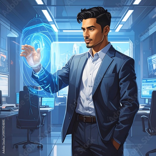 A man in a blue suit interacts with a holographic interface