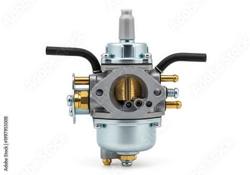 Close-up view of a carburetor with black throttle cables and brass fittings.