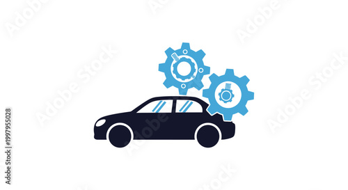 A dark blue silhouette of a car is displayed with interconnected gears and mechanical components above it