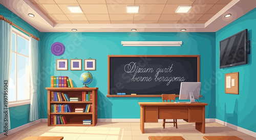 A brightly colored classroom features a blackboard books a globe and modern teaching technology