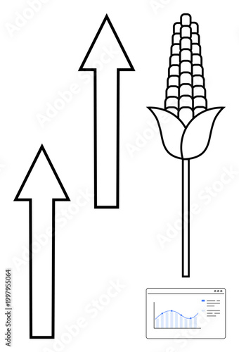 Agriculture, economy, environment, data analysis, growth, sustainability. Corn image, upward arrows data graph. Agriculture and economy concepts by growth arrows and graph