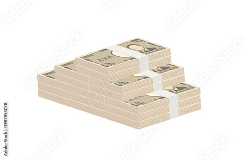 日本札　３段に積み重なった一万円札の札束のイラスト　　
