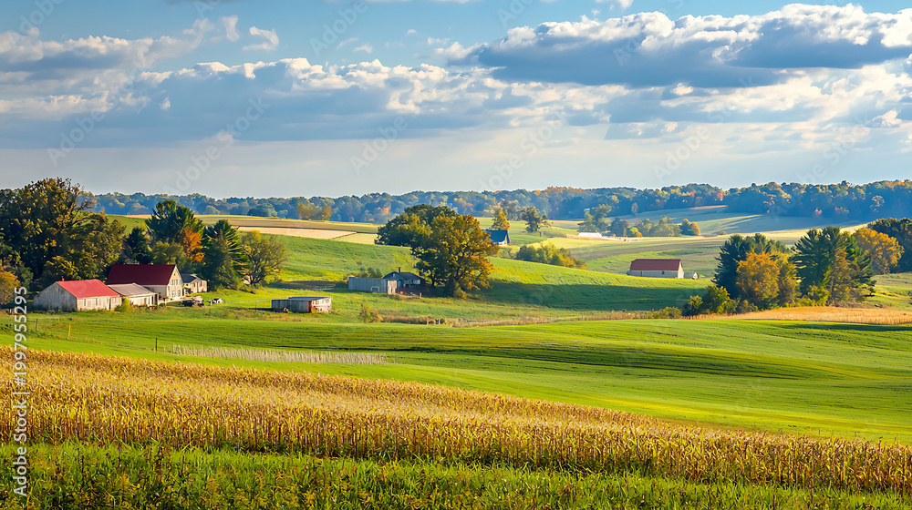Naklejka premium Scenic Autumn Landscape with Farm Buildings and Rolling Hills.
