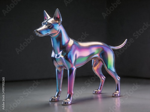 Futuristic iridescent sculpture of dog with dynamic color reflections and smooth metallic surface texture