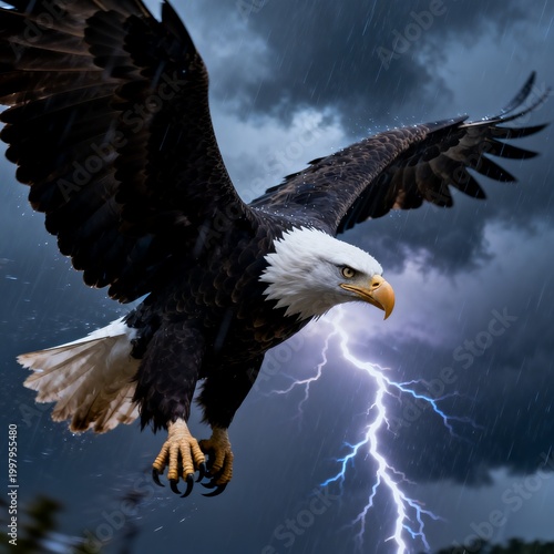 Bald Eagle Soaring in Stormy Thunderstorm Sky