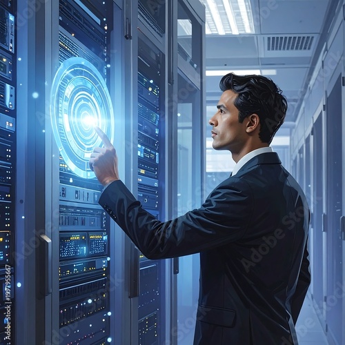 A man interacts with a futuristic computer interface in a data center
