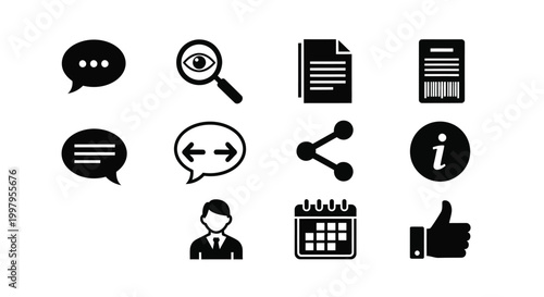 A collection of black glyph icons representing communication research data and various concepts high quality