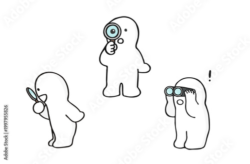 発見している/調べている/探求しているキャラクターのイラスト/虫眼鏡を持っているキャラクターのイラスト
