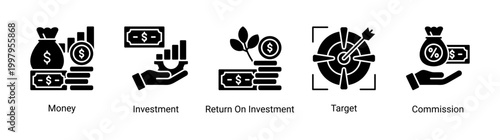 Investment icon set with money,ROI,target,and commission icons.Ideal for financial growth and investment strategy visuals.