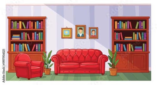 A cozy living room features a red sofa two bookshelves filled with books and framed wall art