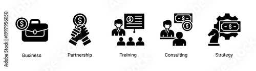 Business consulting icon set featuring partnership,training,consulting,and strategy icons.Ideal for corporate and professional services.