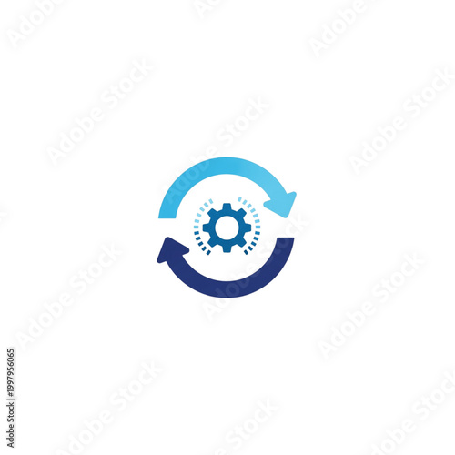A blue and black vector graphic depicting a gear within two arrows forming a circular motion on a solid black background