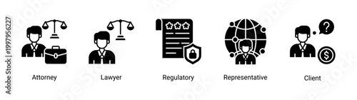 Legal service icon set with lawyer,client,and regulatory icons.Perfect for law firms and corporate legal services.