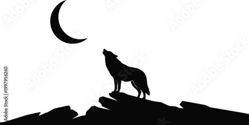 Wolf Howling at Crescent Moon on Mountain Peak Silhouette
