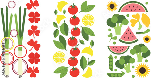 Colorful Fresh Vegetable and Fruit Flat Vector Set with Tomato Lemon Watermelon Broccoli Onion Sunflower Healthy Food Collection for Kitchen Design