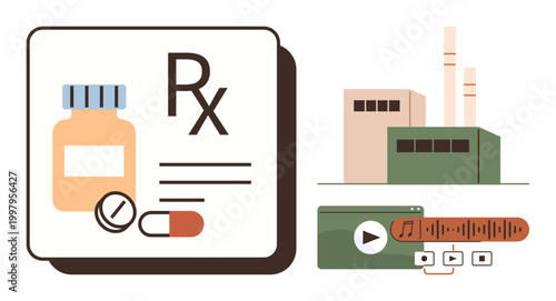 Healthcare, pharmaceutical industry, production, digital media, prescription drugs, manufacturing. Medicine bottle, pills factory and media player. Pharmaceutical industry and healthcare concept