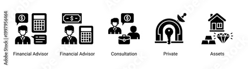 Advisory icon set featuring financial advisor,consultation,private,and asset icons.Suitable for wealth management and consulting services.