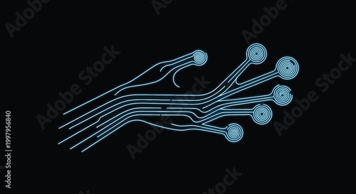 A glowing abstract hand composed of blue neon circuit board lines against a stark black backdrop