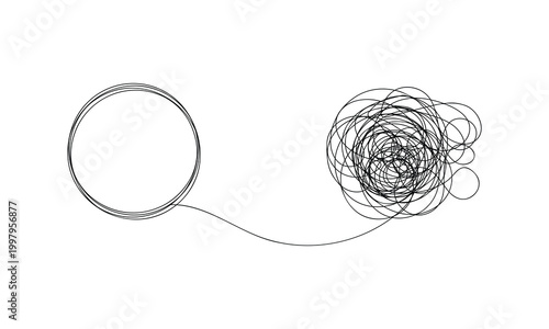 Chaos and order abstract minimalist vector illustration. Concept of a complex disorganized problem represented by a tangled continuous black line that needs unraveling . Vector Illustration . EPS 0 .