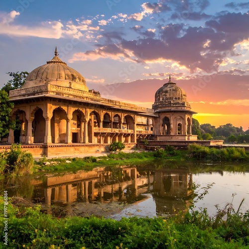 Ancient architecture near serene water body at sunset