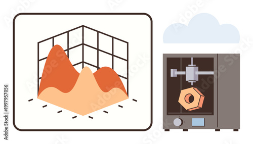 Data analysis, 3D printing, technology applications, manufacturing, design, engineering. Graphical data visualization and 3D printer creating a detailed model. Data analysis and 3D printing concept