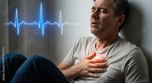 Man experiencing chest pain, indicating heart problem or disease, with superimposed electrocardiogram showing abnormal rhythm, signifying cardiac distress and need for treatment support