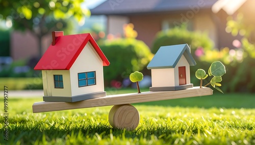 A seesaw with two houses on a grassy lawn