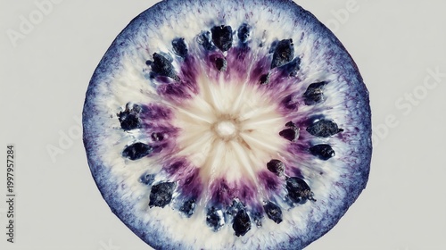 Extreme macro cross-section of a ripe blueberry, revealing a stunning radial starburst pattern, dark seeds, and translucent pale flesh against a neutral background.